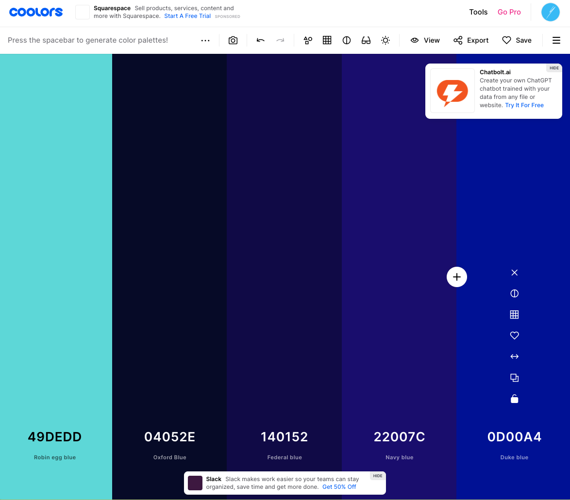 coolors visulising colour pelette