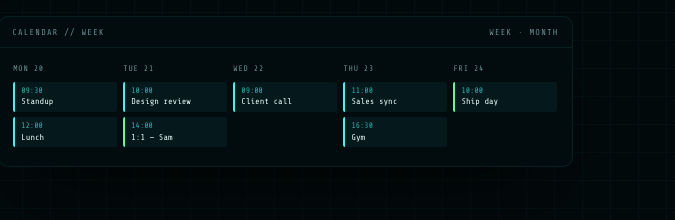 JARVIS's real calendar week view, rendered as a HUD panel with attendee and meeting entries