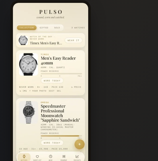 Pulso's collection view: Watch of the Day, and watch cards with power reserve and wear tracking