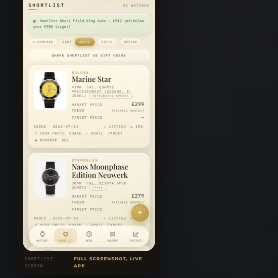 Pulso's shortlist view showing market price, target price and trend for watches on the wishlist