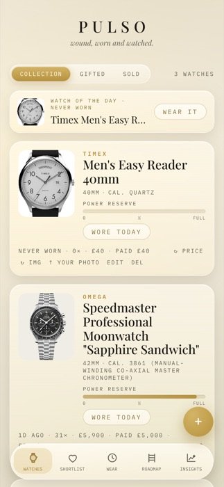 The real Pulso Watches screen showing the collection, power reserve and Watch of the Day