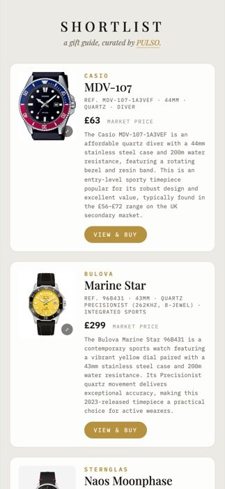 The real public Pulso gift-guide page a recipient sees, with photos, prices and a View and buy button per watch