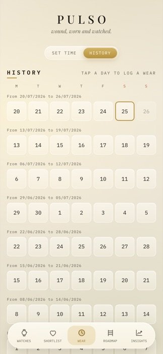 The real Pulso History screen: a week-by-week wear calendar