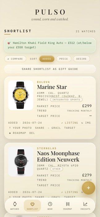 The real Pulso Shortlist screen showing the Hamilton price alert, compare/sort controls and market data
