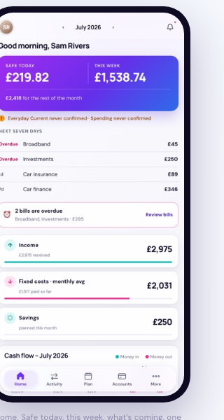 Vela's Home screen showing Safe today, this week, upcoming bills and cash flow for the month