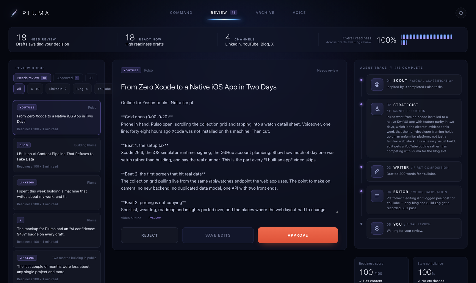 Pluma's live Review view: a real draft with agent trace and approve/reject controls