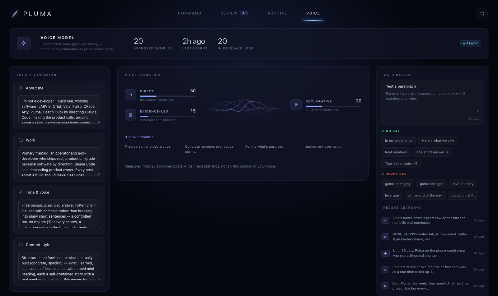 Pluma's live Voice view: measured voice signature and style guide