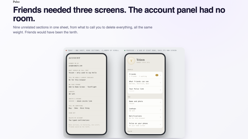 Two phone screens side by side: the old Pulso account panel as one long sheet of nine sections, and the proposed hub of eight rows each opening its own screen.